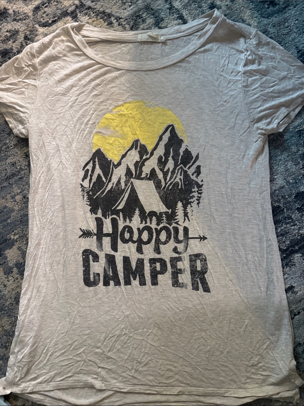 Happy Camper Oversized Stretch Graphic Tee - Cream with Yellow and Black
